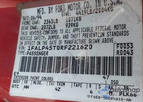 1994 Ford Mustang Gt from USA, damaged, VIN 1FALP45T0RF221620